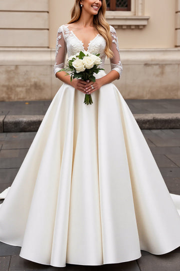Ivory Lace Half Sleeve A Line Wedding Dress